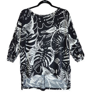 Clara Sun Woo Womens Top Blouse Size Small Black White 3/4 Tabbed Sleeves